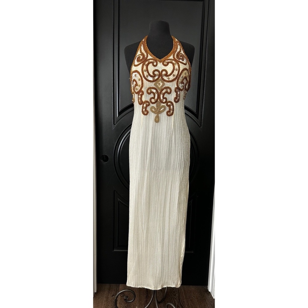Vintage Jagswear Halter Maxi Dress Small Silk Beaded Ivory Gold Art Deco Gatsby